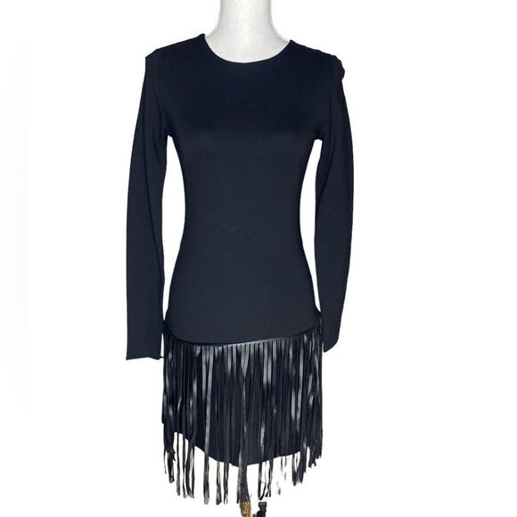 Amanda Uprichard Wm’s Sz XS Black Bodycon Long Sleeve Bodycon Fringe Mini Dress - Picture 1 of 9